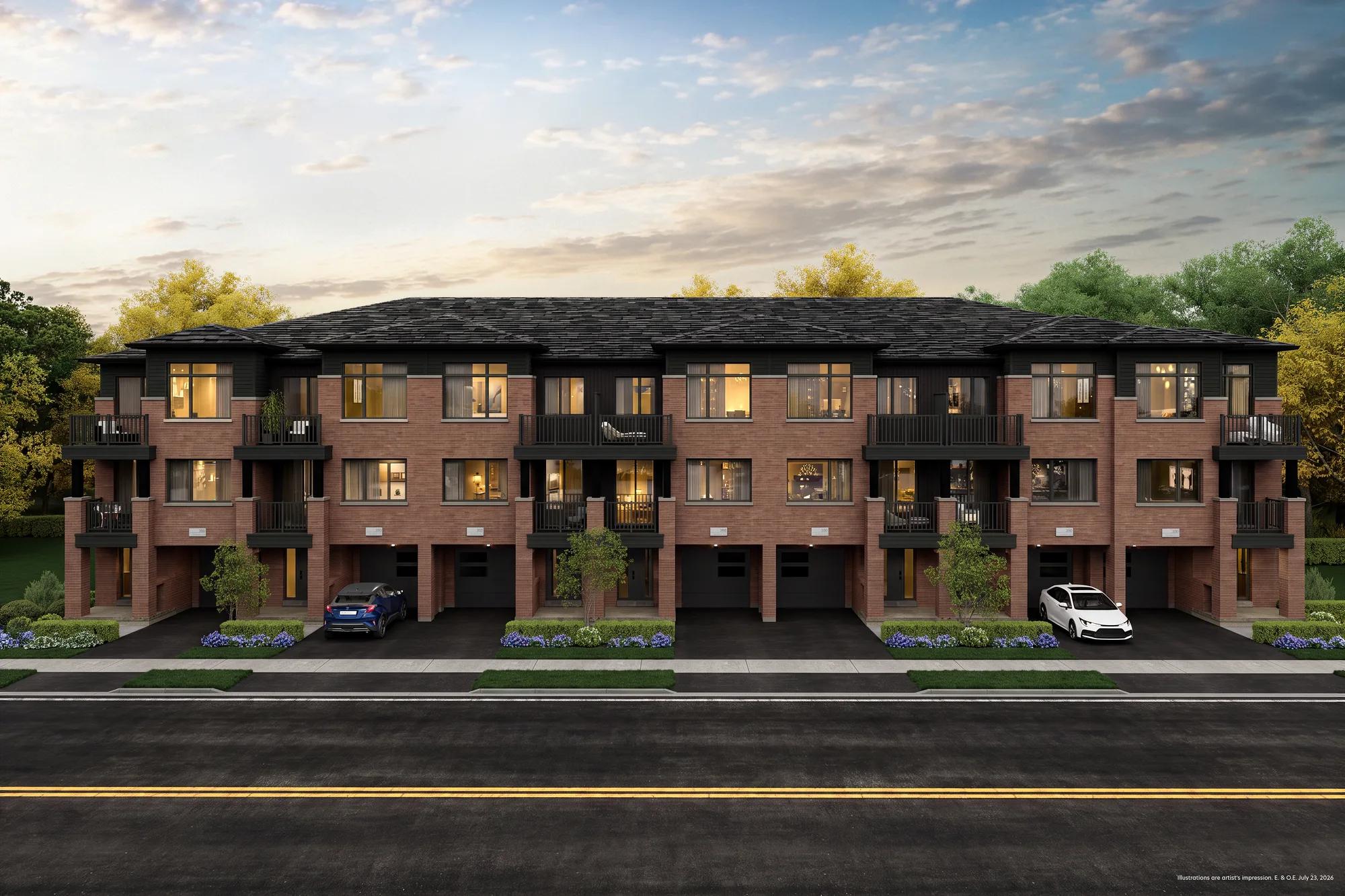 Dusk rendering of a Back-to-Back Townhome block at The Bogart Hills — red brick with dark trim, projecting balconies and tucked-under garages.
