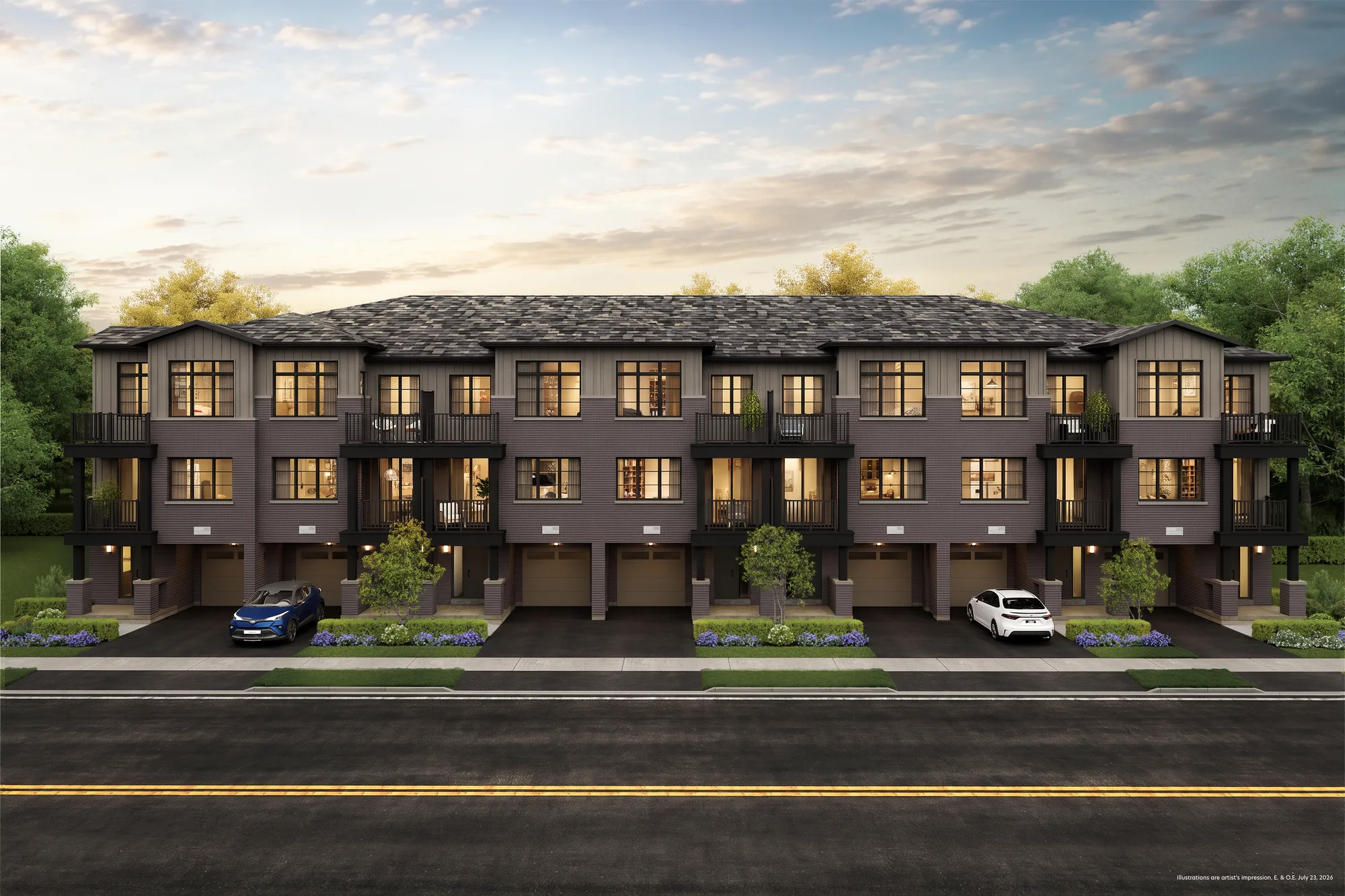 Back-to-Back Townhome block at The Bogart Hills, third exterior view.