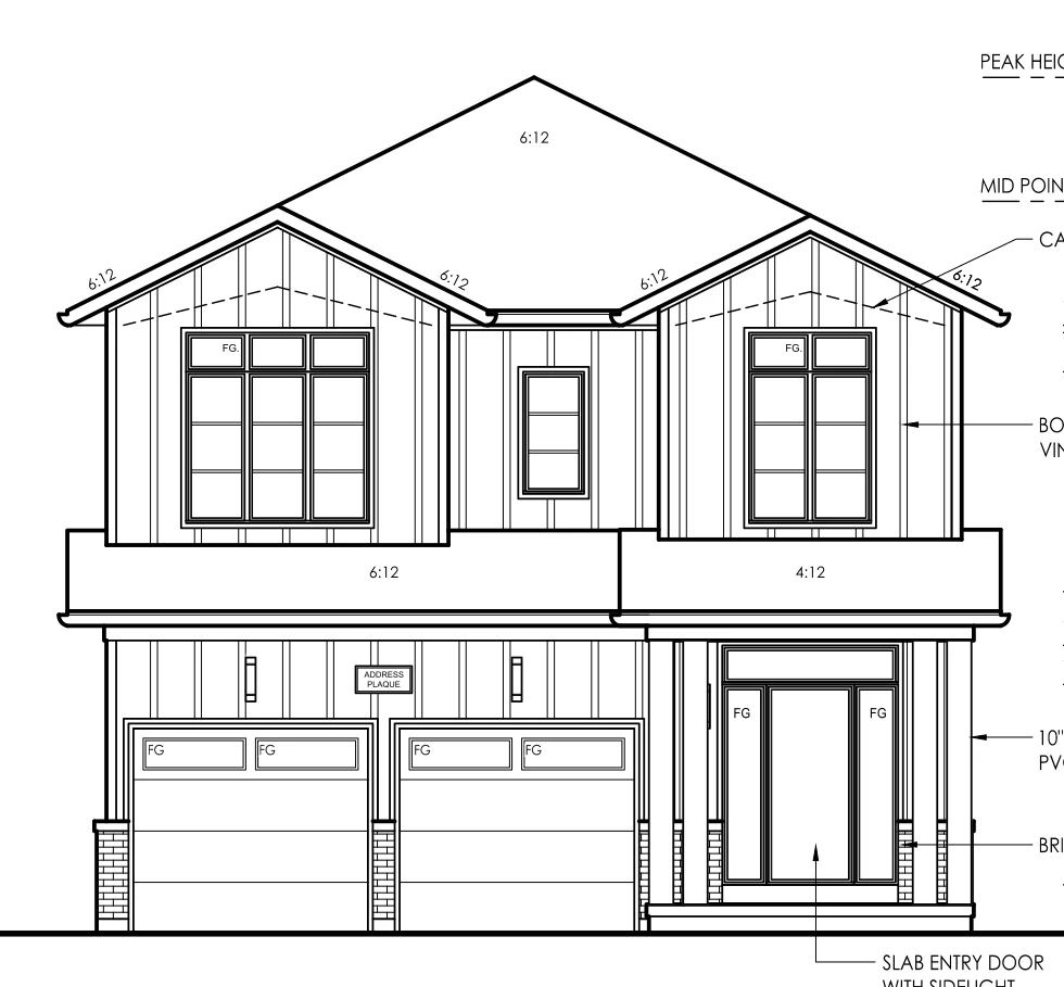 Front elevation drawing of Model 36-01, a two-storey single family home at The Bogart Hills with a double garage and covered porch.