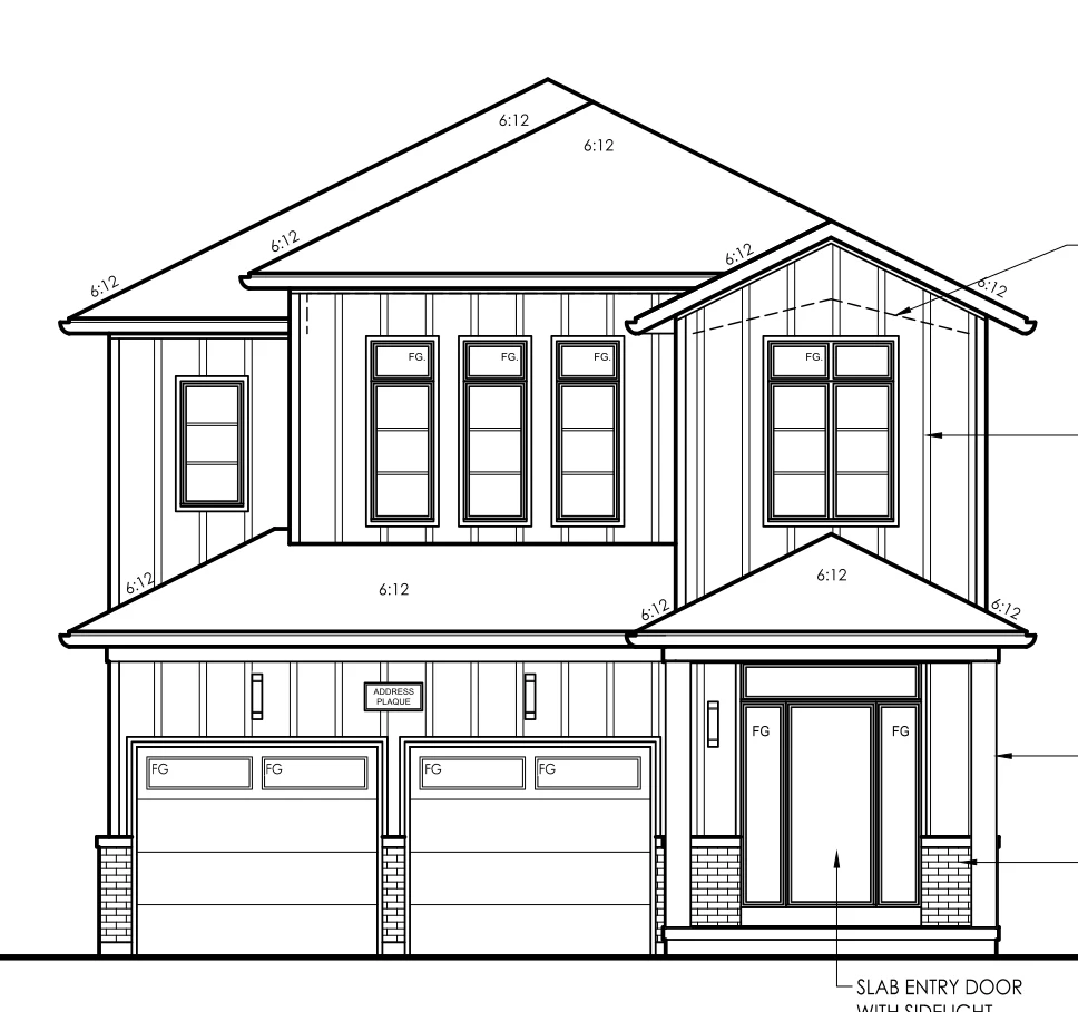 Front elevation drawing of Model 36-02, 2,503 sq ft.