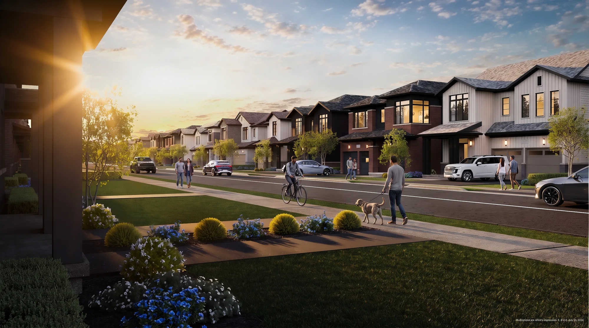 Streetscape rendering of The Bogart Hills at dusk, with townhome blocks lining a landscaped boulevard.