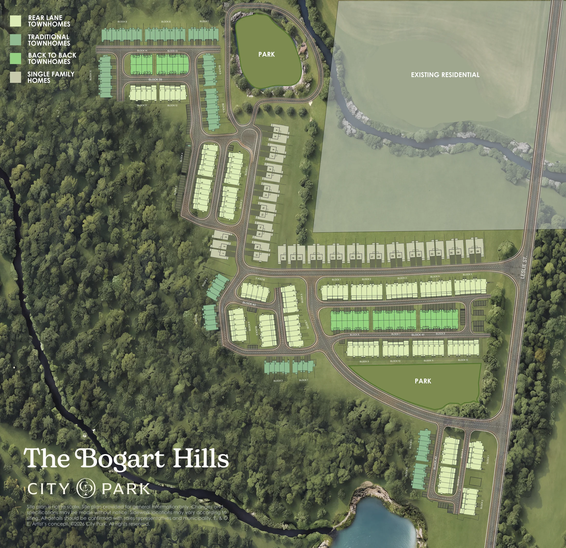 Site plan of The Bogart Hills showing rear lane, traditional and back-to-back townhome blocks and single family homesites across blocks 39 to 42, bounded by Leslie Street, two parks and a wooded river valley.