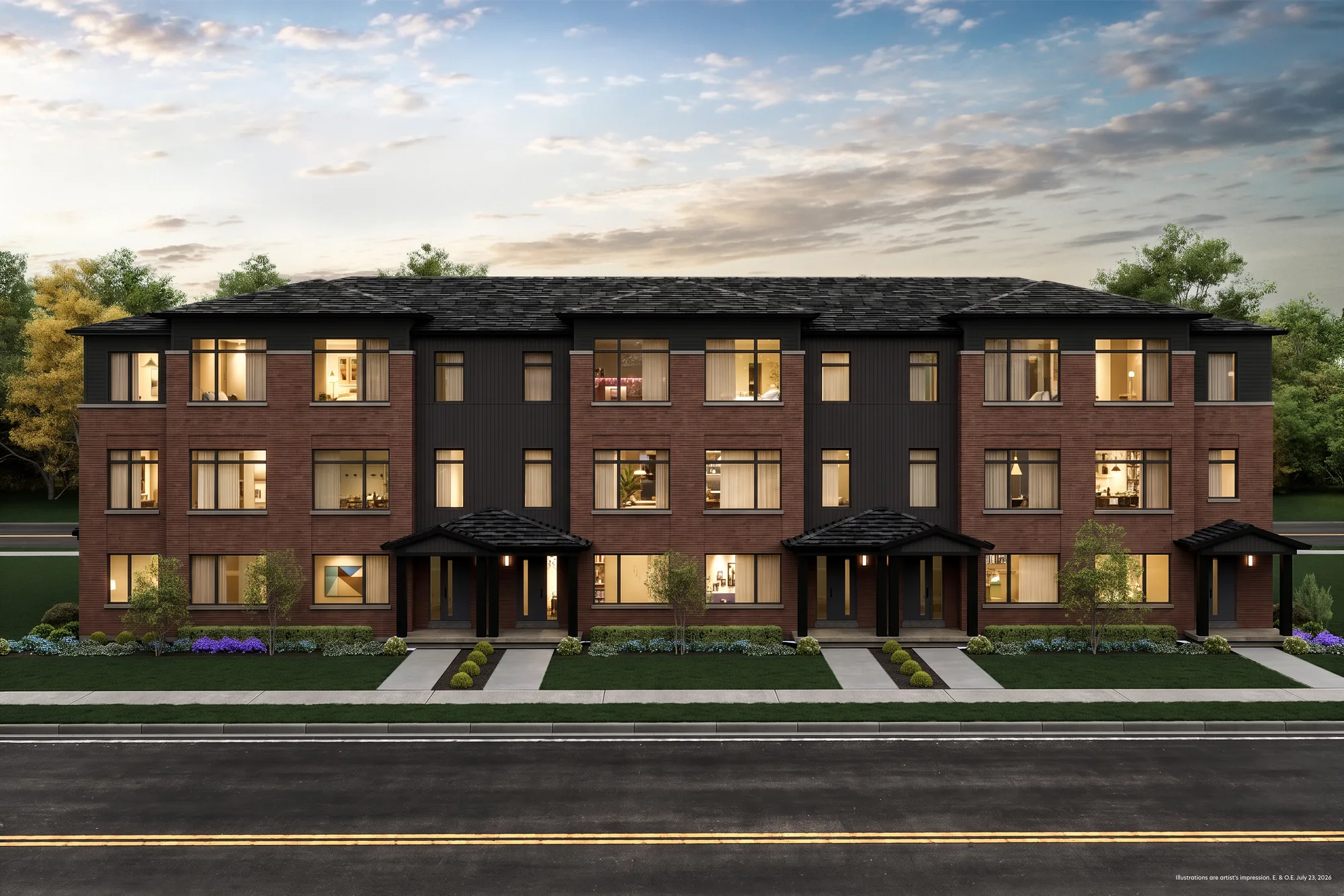 Dusk rendering of a Rear Lane Townhome block at The Bogart Hills — an unbroken red-brick and dark-siding street façade with covered entries and no driveways.