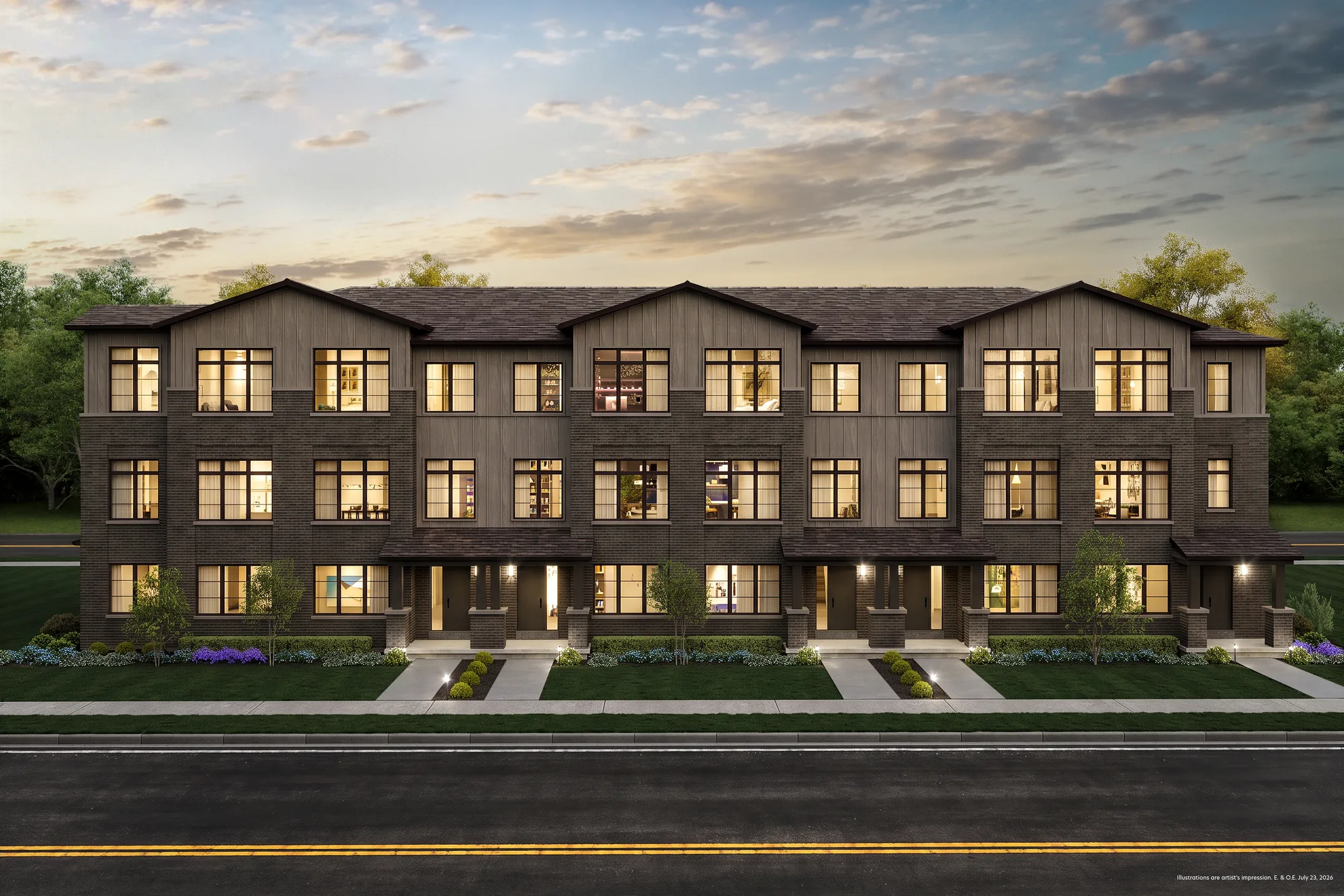Rear Lane Townhome block at The Bogart Hills, second exterior view.