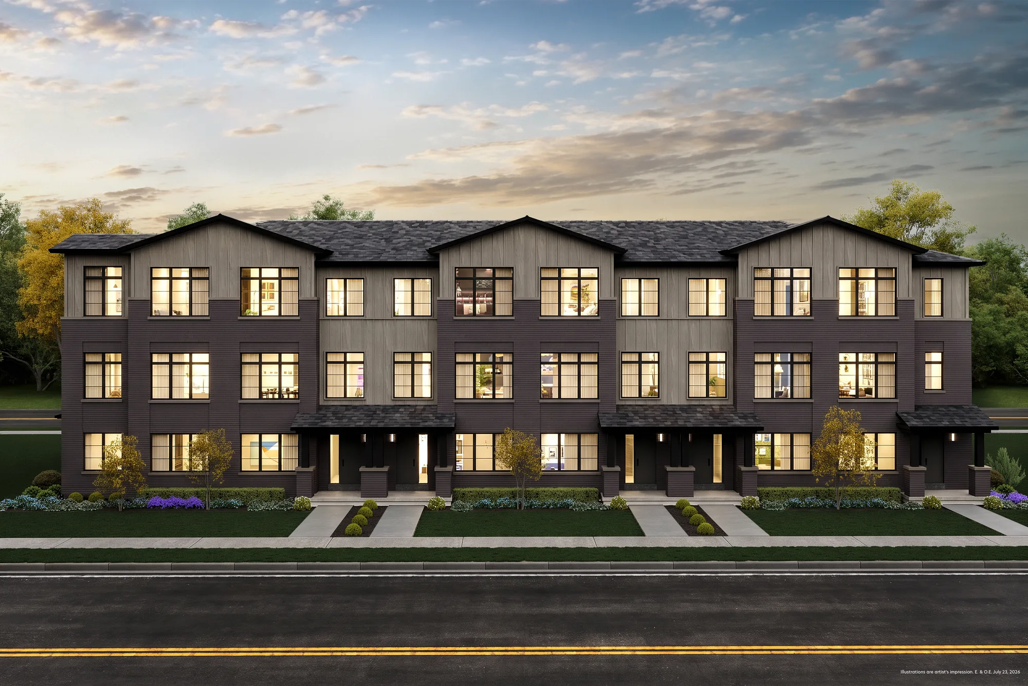 Rear Lane Townhome block at The Bogart Hills, third exterior view.