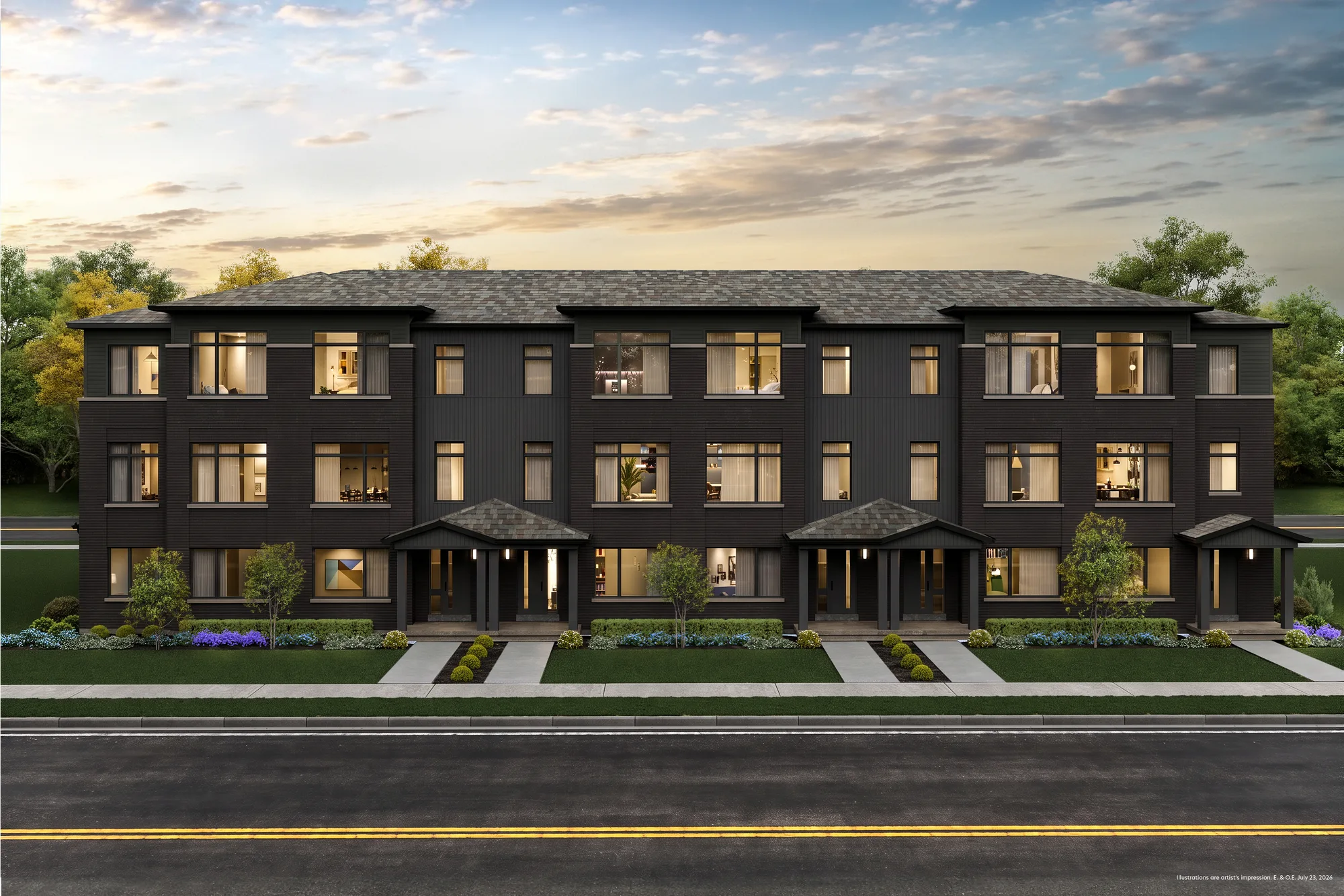 Rear Lane Townhome block at The Bogart Hills, fourth exterior view.