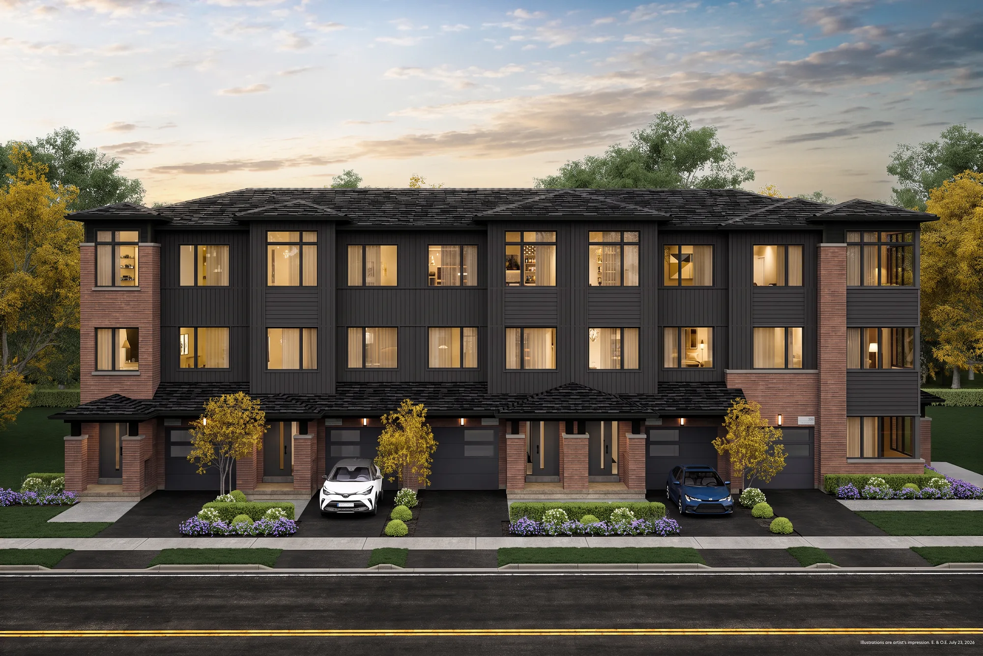 Dusk rendering of a Traditional Townhome block at The Bogart Hills — red brick and dark board-and-batten across three storeys, with tucked-under garages.