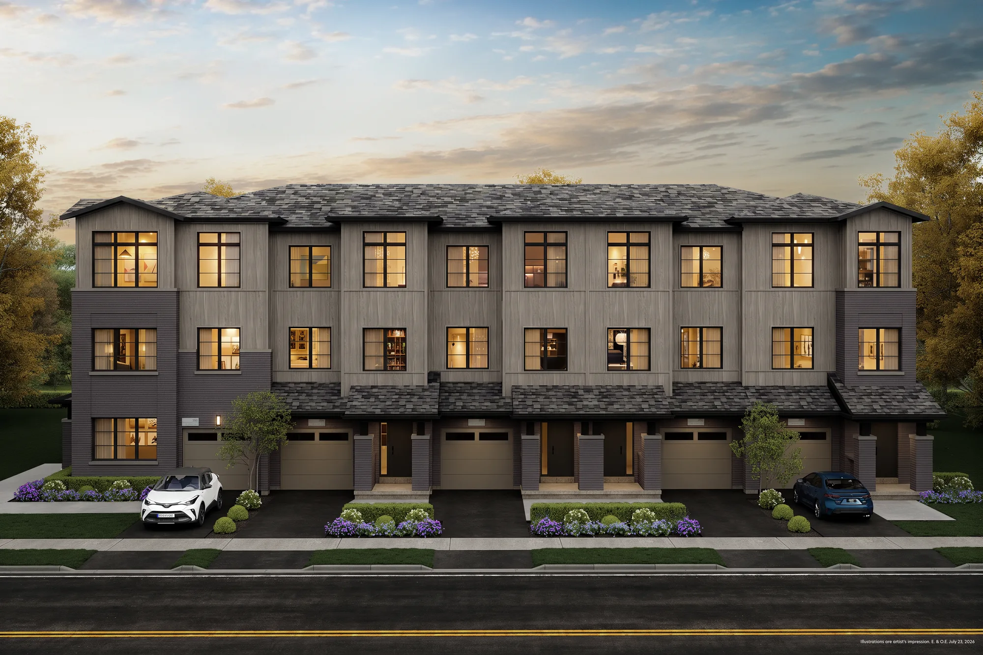 Traditional Townhome block in a lighter stone and warm-grey siding palette.